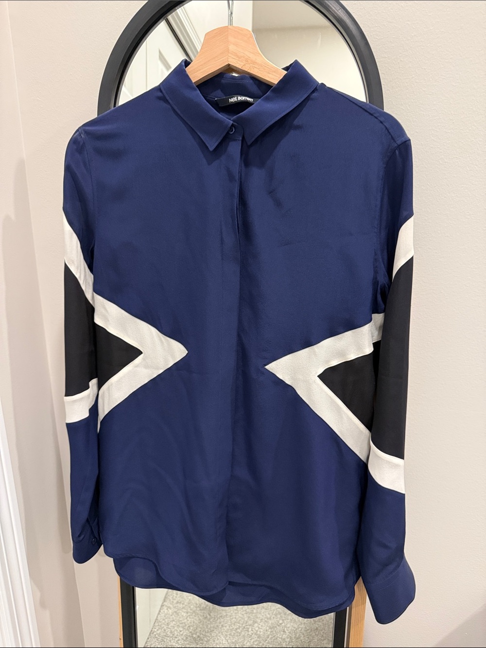 Neil Barrett Navy Shirt with White and Black Chevron Panels